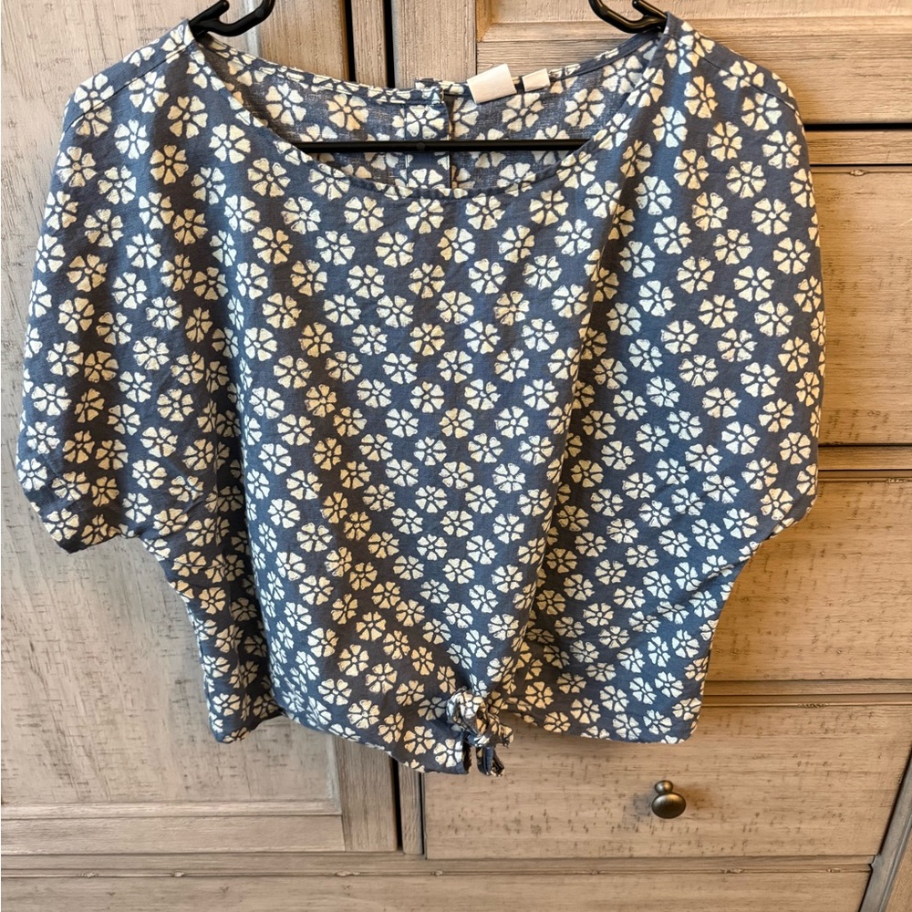 GAP Blue Top with White Floral Print and Front Tie